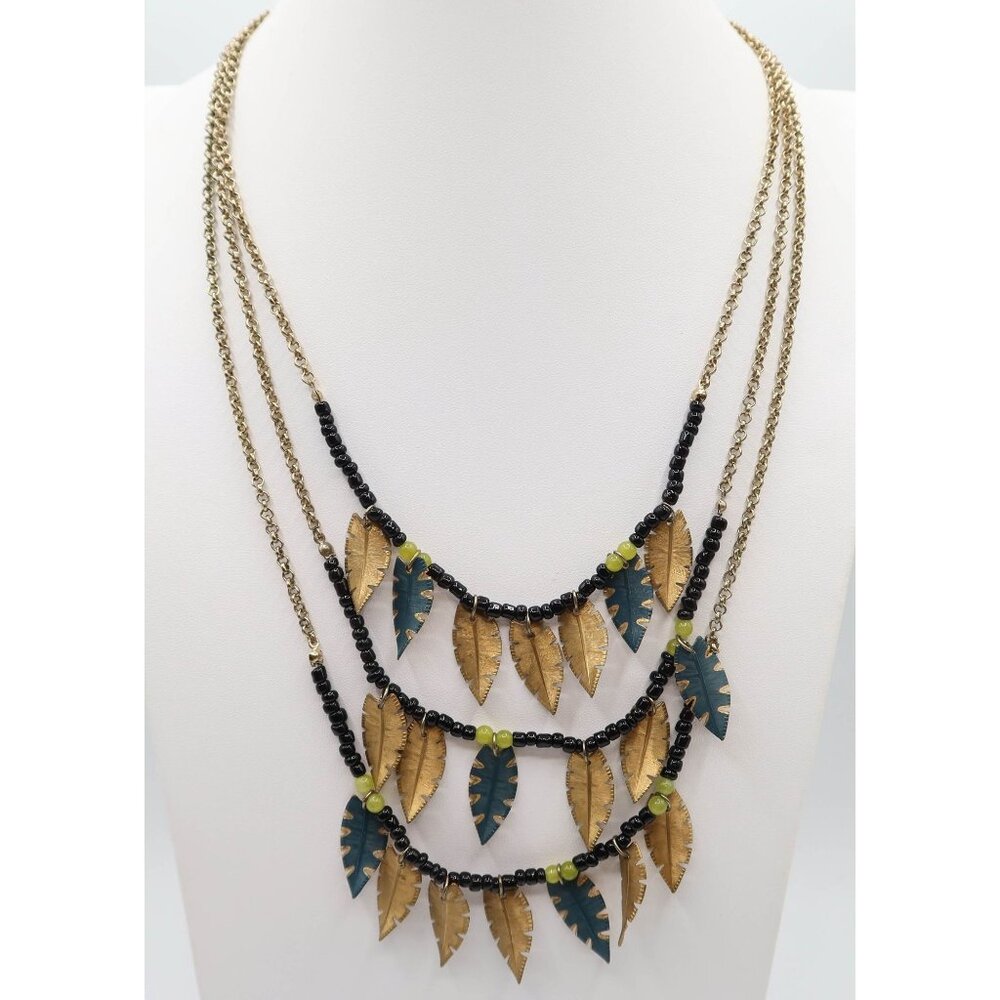 COLDWATER CREEK Multistrand Gold Tone Leaf & Beaded Necklace Boho Rustic 24"